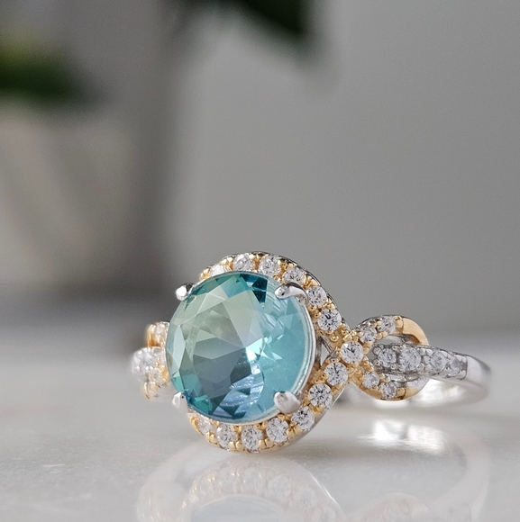 Blue & Teal Aquamarine Round Gemstone Ring, 925 Sterling Silver - Picture 2 of 5